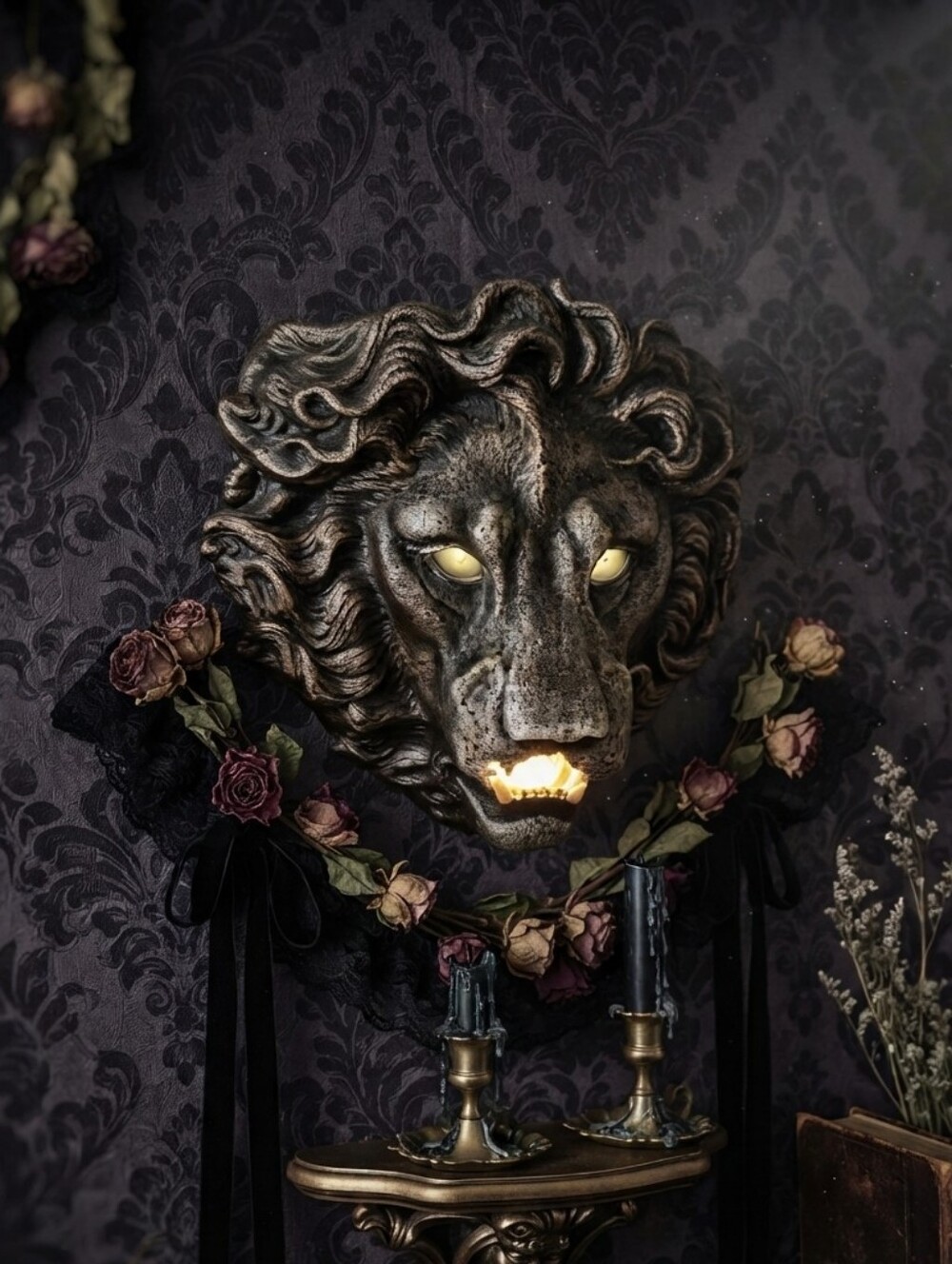 Strikingly Beautiful Lion Head Wall Sconce Candle Holder Goth Decor Glass Eyes